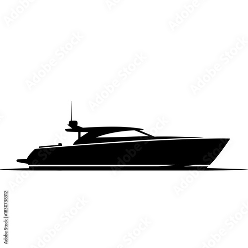 Sleek black silhouette of a modern yacht on white background