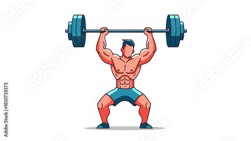 Muscular Man Lifting Heavy Barbell in Squat Position.