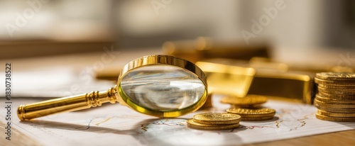The Magnifying Glass Over Gold Coins and Bars on a Map for Investment Analysis
