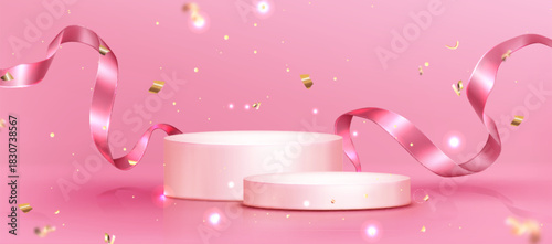 Pink podium stage with gold confetti and curved ribbon on pastel background. 3d winner platform display for award ceremony or product presentation. Festive celebration scene with shiny streamers.