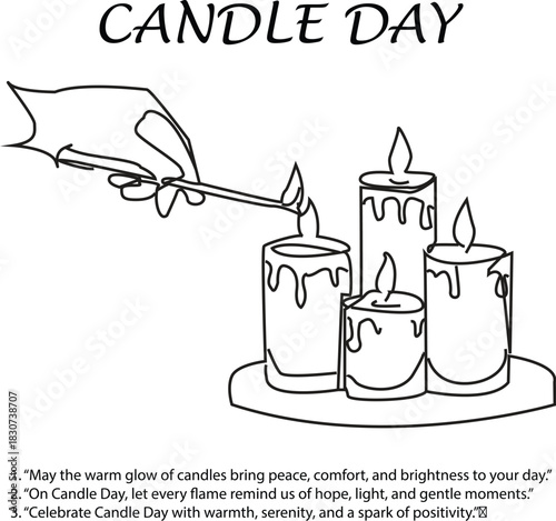 Black and white vector illustration of Candle Day with hand lighting five tray candles and uplifting quotes