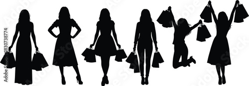 Fashionable women silhouettes holding shopping bags set, stylish girls walking jumping celebrating sale, consumerism, retail, and lifestyle vector illustration.