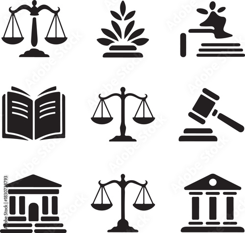 Law icons, justice scale, court hammer, legal book, courthouse building, judge gavel