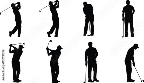 Golf Player Silhouette Vector Set Showing Different Swing, Putt, and Standing Poses for Sport, Tournament, Logo, and Game Design Graphics.