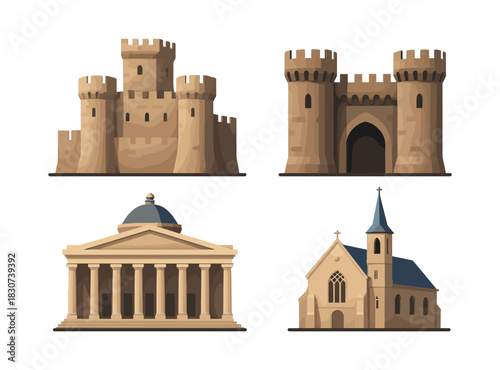 Medieval castle and architecture collection, flat vector illustration, historical buildings