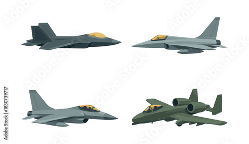 Military fighter jets collection, flat vector illustration with aircraft, aviation