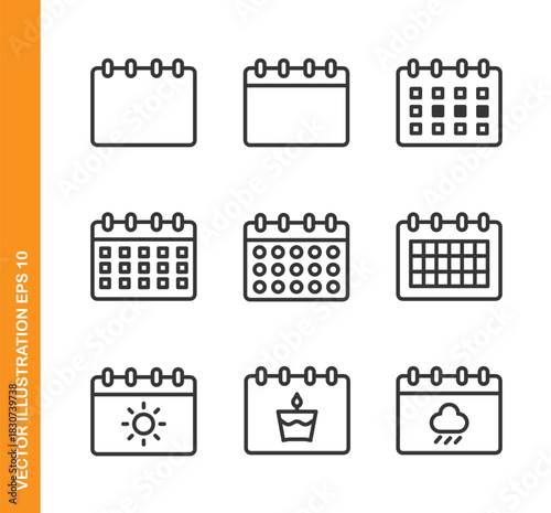 Calendar, Schedule, Birthday, Weather Schedule, and more line icons- Mini collection and editable stroke series icon