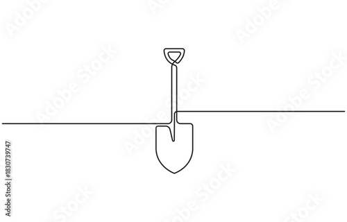 Continuous one line drawing of a garden shovel with a wooden handle isolated on transparent background.