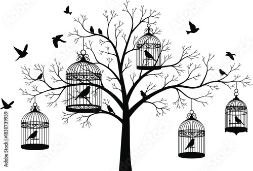Silhouette of a birdcage tree with flying and caged birds, symbolizing freedom, nature, captivity, and hope, a monochromatic decorative vector illustration on white background.