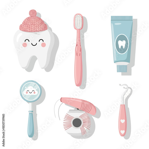 Cute cartoon dental hygiene set promoting oral health and children's dental care hygiene