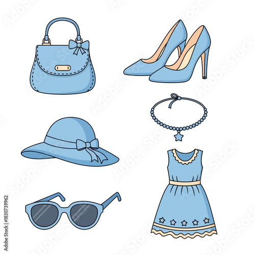 Arrangement of light blue fashion accessories for women illustration with elegance and style