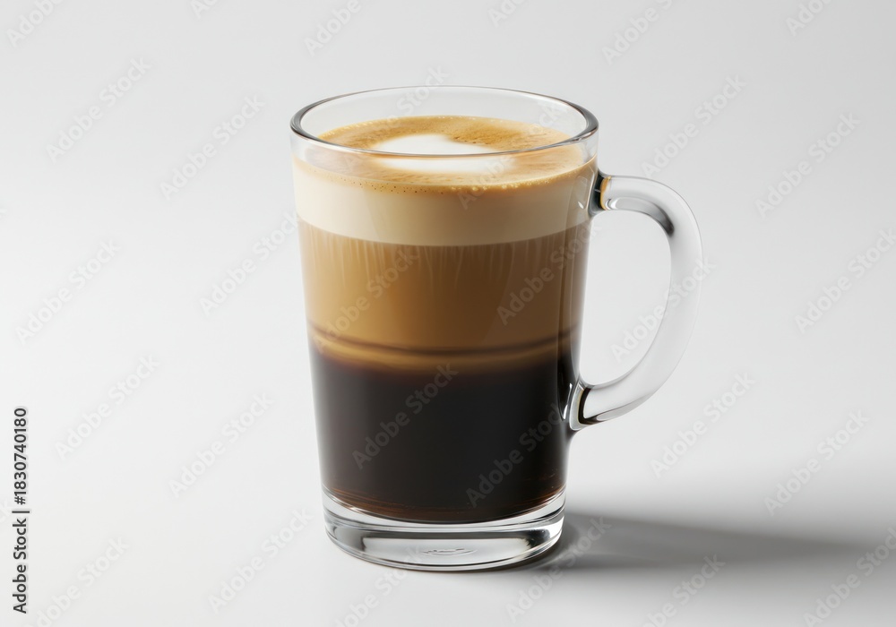Naklejka premium Layered Coffee Drink in Clear Glass Mug on White Background