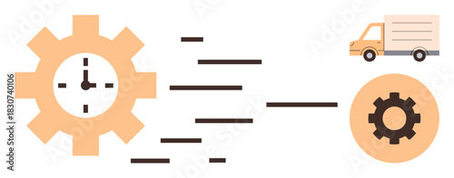 Gear clock with moving lines conveying speed, delivery truck, smaller gear icon. Ideal for time management, logistics, efficiency, supply chain, productivity organization workflow. Simple flat