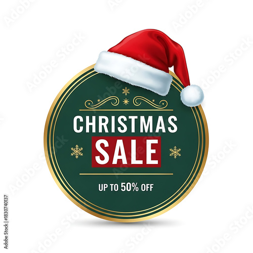 A luxury gold-foil emblem in round shape with Santa hat, featuring bold Christmas discount text, a clean white background, modern layout, and festive colors suitable for ecommerce promotions.