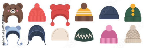 Winter hats set featuring modern wool caps and knitted beanies, stylish warm head accessories for cold weather, cozy knitwear, flat vector fashion illustrations.