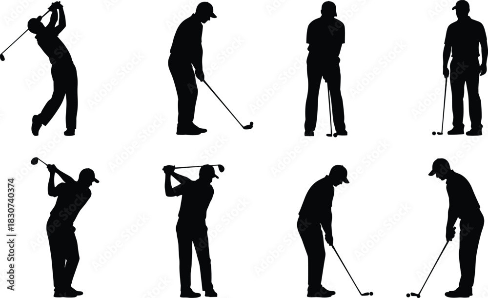 Obraz premium Professional Golf Player Silhouette Vector Set Showing Swing, Driving, Putting, and Standing Poses for Sport, Course, Logo, and Game Graphics.