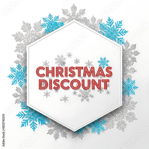 A snowflake pattern badge in hexagon shape with snowflakes, featuring bold Christmas discount text, a clean white background, modern layout, and festive colors suitable for ecommerce promotions.