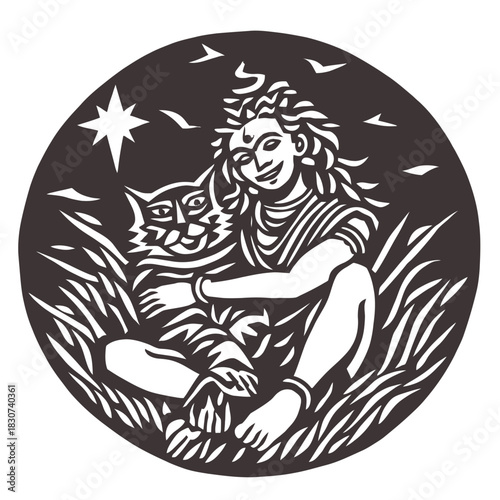 Artistic depiction of a figure embracing a cat symbolic illustration