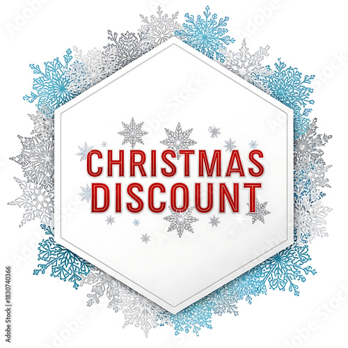A snowflake pattern badge in hexagon shape with snowflakes, featuring bold Christmas discount text, a clean white background, modern layout, and festive colors suitable for ecommerce promotions.