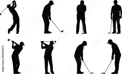 Professional Golf Player Silhouette Vector Set Showing Swing, Driving, Putting, and Standing Poses for Sport, Course, Logo, and Game Graphics.