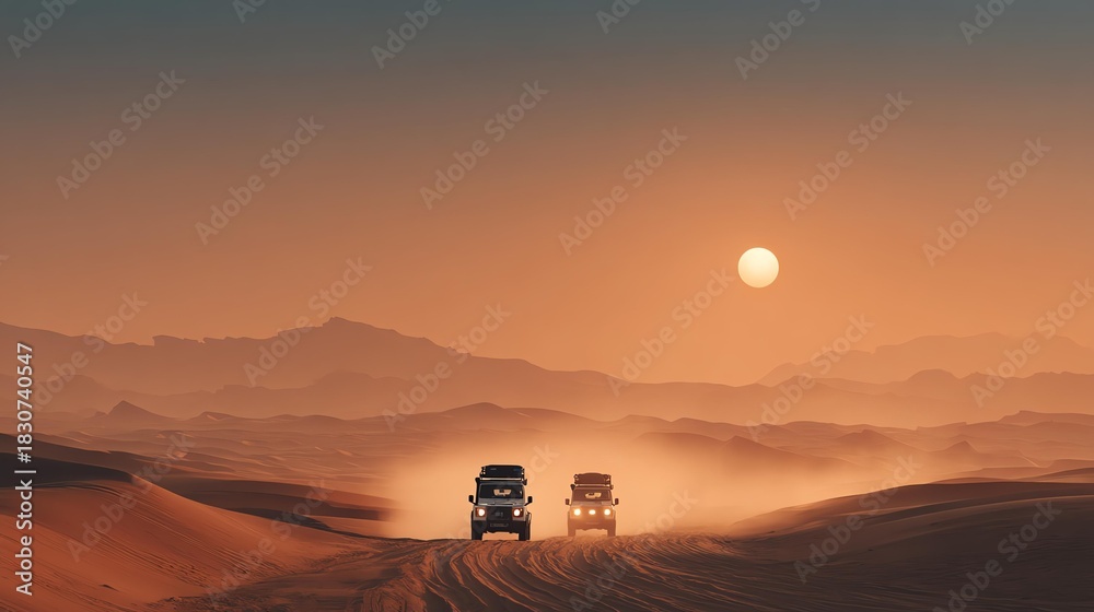 Obraz premium Two vehicles traverse a dusty desert landscape at sunset, capturing an adventurous spirit against the backdrop of warm colors.