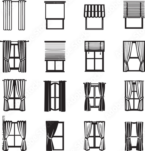 Black and white vector illustration of 16 window designs with curtains, blinds, and awnings in grid layout