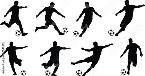 Professional Soccer Player Vector Silhouettes Set with Dynamic Kicking, Shooting, and Passing Poses for Sport Event Graphics and Team Logos.