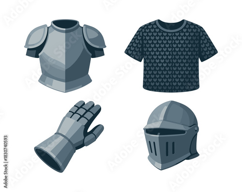 Medieval armor set with helmet and chainmail, flat vector illustration