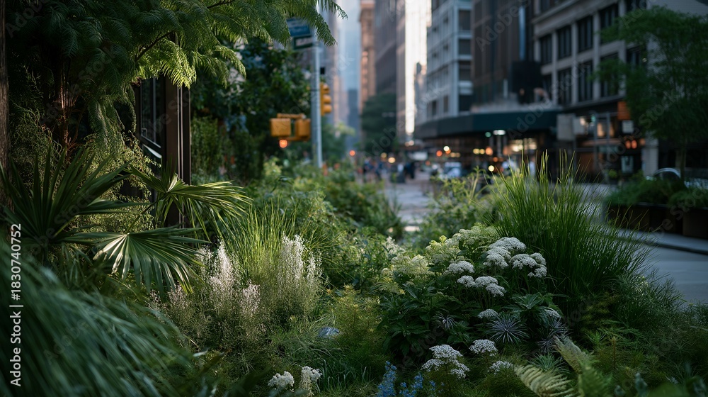 Obraz premium A green infrastructure proposal showing a simulated city street transformed with rain gardens, permeable pavements, and tree canopies — climate-resilient design, urban sustainability solutions, and
