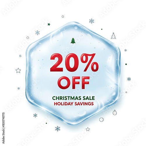 A frosted ice badge in hexagon shape with minimal Christmas icons, featuring bold Christmas discount text, a clean white background, modern layout, and festive colors suitable for ecommerce promotions