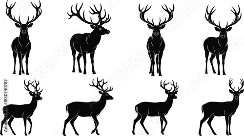 Set of black silhouette male deer (stag or elk) with large antlers, wild forest animal, hunting, nature, and wildlife vector illustration pack.