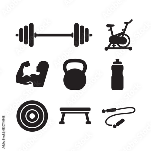 Silhouette Set of Gym Equipment, Fitness Gear, and Workout Icons.