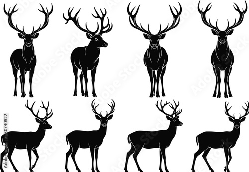 Set of eight majestic deer silhouettes with large antlers in various standing poses, stag buck animal hunting season vector illustration.