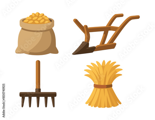 Farming tools and harvest items, flat vector illustration with plow and wheat