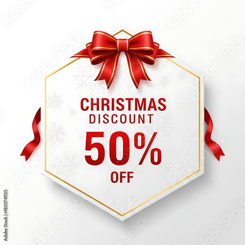 A snowy winter badge in hexagon shape with red bow, featuring bold Christmas discount text, a clean white background, modern layout, and festive colors suitable for ecommerce promotions.