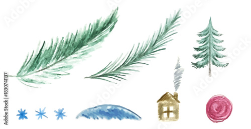 Fir tree branches, house, snowdrift, snowflakes, sun in pencil style in vector.