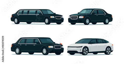 Car collection, flat vector illustration, sedan, limousine, electric vehicle