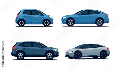 Modern car collection, flat vector illustration of vehicles, sedan and suv designs