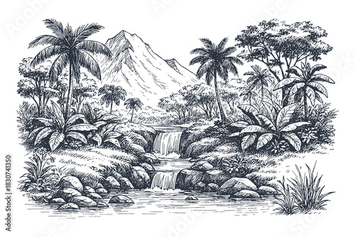 Detailed black and white vector featuring a tropical landscape with mountains, palm trees, and cascading waterfalls, illustrated in engraving style for prints and nature themes.