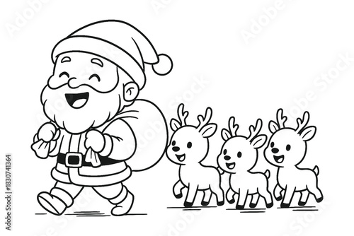 Cute black and white vector illustration of Santa walking cheerfully with a line of reindeer, drawn in playful cartoon style for Christmas prints, cards, and festive designs.