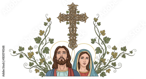 Elegant portrayal of Jesus and Mary beneath a Celtic cross, surrounded by lush vine leaves conveying faith, devotion, and a timeless symbol of Christianity