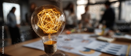 The Light Bulb With Geometric Filament Symbolizing Innovation In A Collaborative Office Meeting