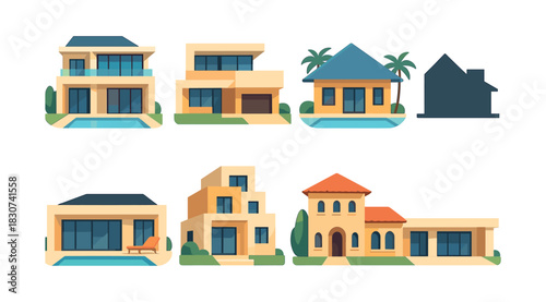 Modern house collection, flat vector illustration, architectural design, home icons