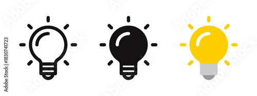 Light bulb icon set representing ideas, innovation, and creativity. Vector illustration of lamps in outline, solid black, and yellow styles.
