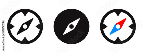 Compass icon set for direction and navigation. Vector illustration of magnetic compasses in outline, solid, and red/blue needle styles.