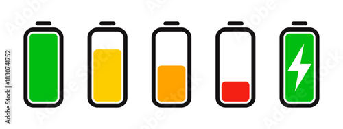 Set of power and battery status icons. Includes power buttons, battery levels full, low, charging.