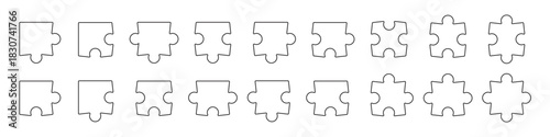 Jigsaw puzzle piece icon set representing logic and solutions. Vector illustration of outline puzzle shapes for games or problem-solving.