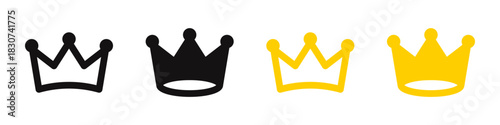 Crown icon set symbolizing royalty, luxury, and success. Vector illustration of crowns in outline, solid black, and gold styles.