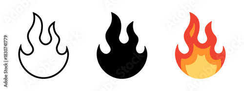 Fire icon set representing heat, energy, and danger. Vector illustration of flames in outline, solid black, and orange styles.