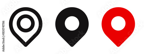 Location pin icon set for maps and navigation. Vector illustration of map markers in outline, solid black, and red styles.
